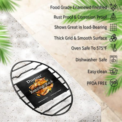 DIMESHY Roasting Rack, Black with Integrated Feet, Enamel Finished, Nonstick, fit for 13 inches oval roasting pan, safety, dishwasher, Great for Basting, Cooking, Drying, Cooling rack.(10”x 6.5”)