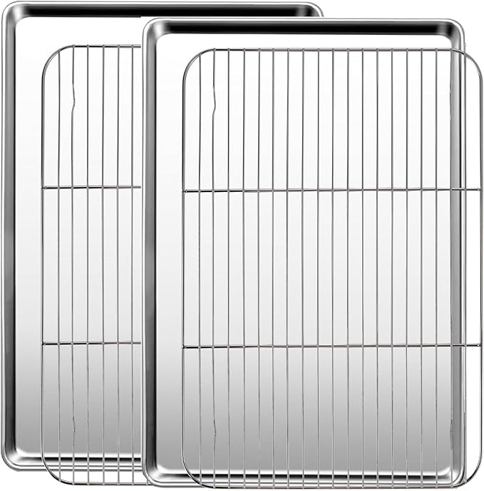 Baking Sheet with Racks Set [2 Sheets + 2 Racks], Stainless Steel Baking Sheets with Cooling Racks, Nonstick Pan, Warp Proof & Rust Proof & Easy to Clean, Size 18 X 13 X 1 Inch by GIUOIDUO