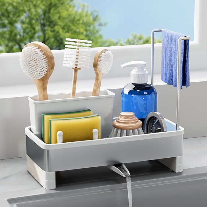 Laveshop Sponge Holder for Kitchen Sink, Rustproof Stainless Steel Sink Caddy with Auto-Drain, Removable Brush Holders, Soap and Dishcloth Organizer, White by Unknown