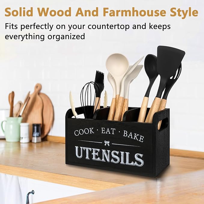 Farmhouse Cooking Utensils Organizer - Kitchen Utensil Holder Black Rustic Solid Wood Countertop Utensil Holder, 3 Compartment Spoon Holder for Kitchen Decor - Image 2