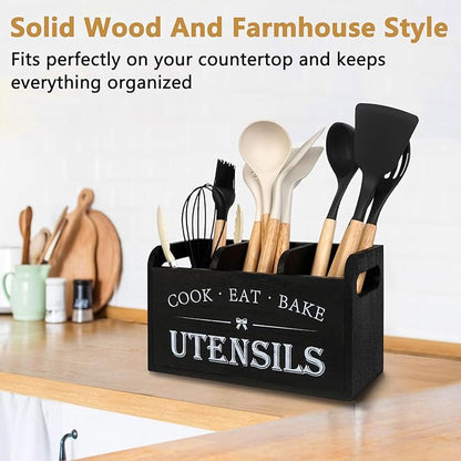 Farmhouse Cooking Utensils Organizer - Kitchen Utensil Holder Black Rustic Solid Wood Countertop Utensil Holder, 3 Compartment Spoon Holder for Kitchen Decor - Image 2