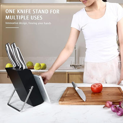 hecef 6-Piece Silver Stainless Steel Knife Set with Tablet Stand, Innovative knife Block – All-in-One Kitchen Solution, Ergonomic Handles and Safe Storage