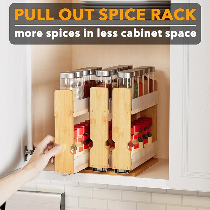 SpaceAid Bamboo Pull Out Spice Rack Organizer for Cabinet, Heavy Duty Slide Out Seasoning Kitchen Pantry Sliding Vertical Organization, 7.6" Wide, 3 Drawers(2" Wide), 2-Tier, Natural - Image 5