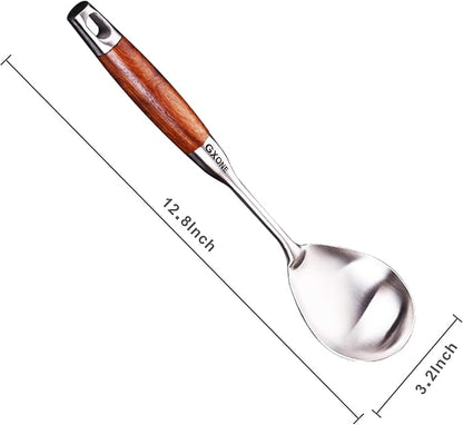 Large Serving Spoons,304 Stainless Steel Cooking Spoon with Heat Resistant Wooden Handle,Silver/12.4Inch - Image 2