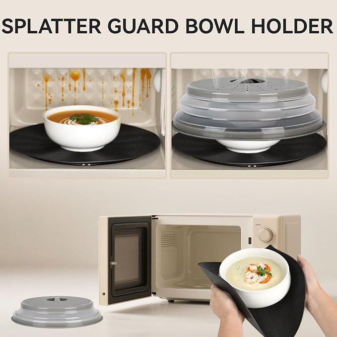 12" Microwave Splatter Cover & Mat, Large Vented Collapsible Splatter Guard Dish Plate Lid & Silicone Round Kitchen Mat for Food - Image 4