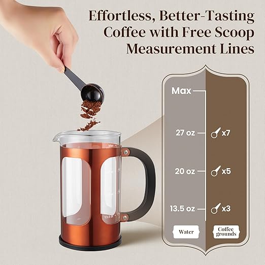 Veken French Press Coffee Maker 34oz 1 L, No Plastic Touching Cafe, Heat Resistant Thickened Borosilicate Glass, Stainless Steel Brewer, Cold Brew Cafetera Teapot for Kitchen Travel Camping, Copper - Image 8