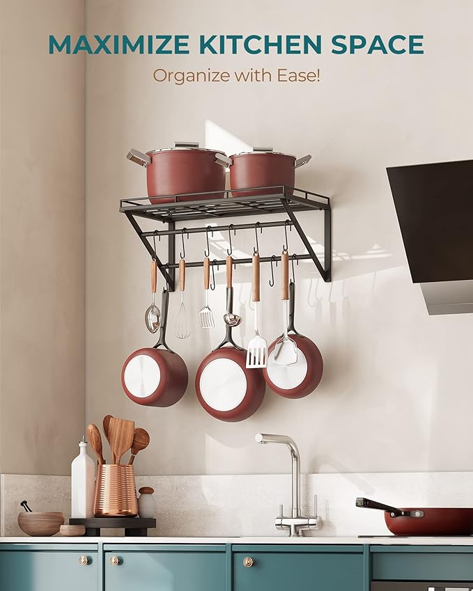 OROPY 23 Inch Wall Mounted Pot Rack Storage Shelf with 2 Tier Hanging Rails 12 S Hooks included, Ideal for Pans, Utensils, Cookware, Plant Black - Image 2