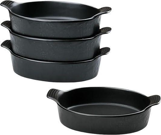 Oval Au Gratin Baking Dishes Set of 4 9" x 5" 19 oz matte black Ceramic Oven Safe & Heat Resistant With Handles for Small Mini Casseroles Cooking & Serving