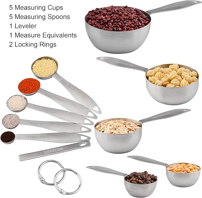 Measuring Cups and Spoons, 12 Piece Metric & US 18/8 Stainless Steel Measuring Cup and Spoon Set, Dry Metal Measuring Cups Spoons & Leveler & Measure Equivalents for Kitchen & Baking - Image 3