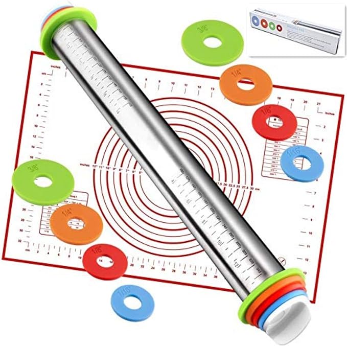 Rolling Pin with Adjustable Thickness Rings and Silicone Baking Pastry Mat Set for Baking,Stainless Steel Dough Roller,Baking Supplies for Cookie Fondant Pizza Cake Pasta(Red) by Unknown