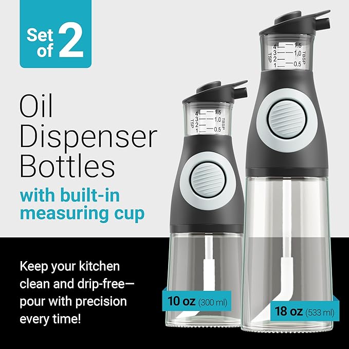 Belwares Oil and Vinegar Dispenser Set with Measuring Cup - 2 Glass Olive Oil Dispenser Bottles for Kitchen - Cooking Oil Bottle Set, Drip-Free Cruets for Salad Dressing, BPA-Free, Dishwasher Safe - Image 2