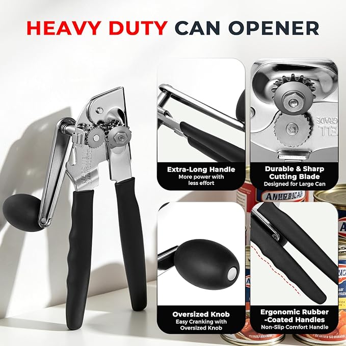 MARSWELL Heavy Duty Can Opener for Large Cans, Extra-Long Handles & Oversized Knob for Easy Cranking, Commercial Manual Hand Crank Opener Opens Big #10 Cans Smoothly, Strong All-Steel Construction - Image 2