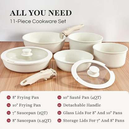 GOURMETIFIC® Pots and Pans Cookware Set [11 PIECES] - Non Toxic Ceramic Coated Cooking Ware - Induction, Gas & Oven Kitchenware - Non Stick Pot & Pan with Removable Handles & Stackable (Taupe)