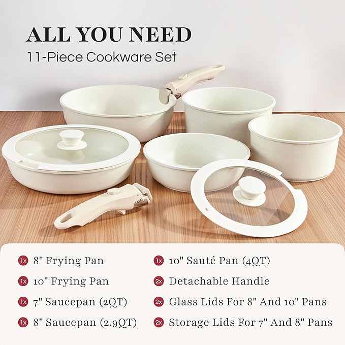 GOURMETIFIC® Pots and Pans Cookware Set [11 PIECES] - Non Toxic Ceramic Coated Cooking Ware - Induction, Gas & Oven Kitchenware - Non Stick Pot & Pan with Removable Handles & Stackable (Sky Blue)