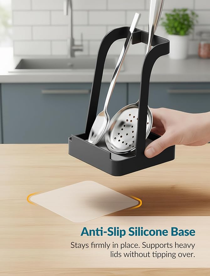 NiHome Upgraded Pot Lid and Spoon Rest with Diatomite Absorbent Tray & Silicone Anti-Slip Pad – Sturdy Metal Frame, Multifunctional Ladle Holder for Kitchen Countertop, 3.9"x3.9"x6" (Black) - Image 3