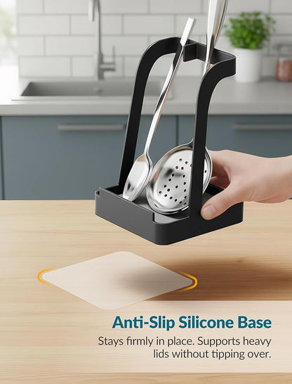 NiHome Upgraded Pot Lid and Spoon Rest with Diatomite Absorbent Tray & Silicone Anti-Slip Pad – Sturdy Metal Frame, Multifunctional Ladle Holder for Kitchen Countertop, 3.9"x3.9"x6" (Black) - Image 3
