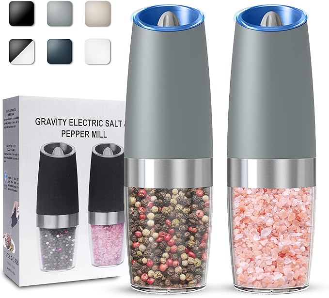 UNNEES Gravity Electric Salt and Pepper Grinder set of 2, Automatic Salt And Pepper Grinder Set, Adjustable Roughness, Battery Powered, LED Light, 2 Pack, (Light Grey) by UNNEES