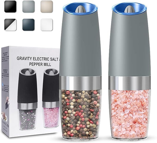 UNNEES Gravity Electric Salt and Pepper Grinder set of 2, Automatic Salt And Pepper Grinder Set, Adjustable Roughness, Battery Powered, LED Light, 2 Pack, (Light Grey) by UNNEES