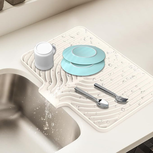 Dish Drying Mat for Kitchen Counter, with Built-in Drain Lip, Food-Grade Silicone, Easy Clean Pad for Countertop Protection, Multi-Functional Use (18x11.8, Cassava White) by JACZZO