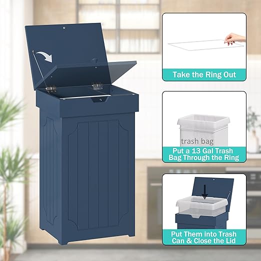 Function Home Trash Can Cabinet, 13 Gallon Kitchen Garbage Can, Wood Recycling Trash Bin, Freestanding Dog Proof Trash Can, Farmhouse Trash Cabinet with Lid for Home Kitchen Bathroom, Blue - Image 5