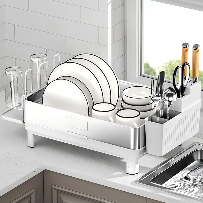 Ewaiira Dish Drying Rack, 304 Stainless Steel Dish Racks for Kitchen Counter, Dish Drainers with Automatic Drainage, Utensil Holder & Cups Holder, Space Saving Kitchen Organizer, White - Image 9