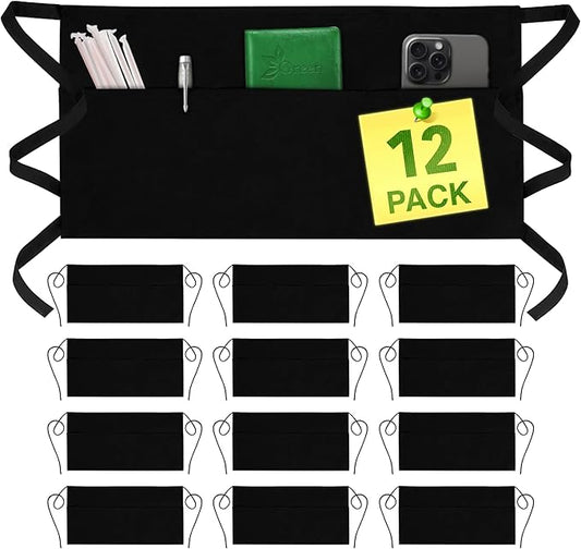 GREEN LIFESTYLE Server Aprons with 3 Pockets - Waist Apron, Waitress Apron for Women and Man, Water Resistant with Long Waist Strap Reinforced Seams, Half Apron (12 Pack - Black) by GreenLifeStyle