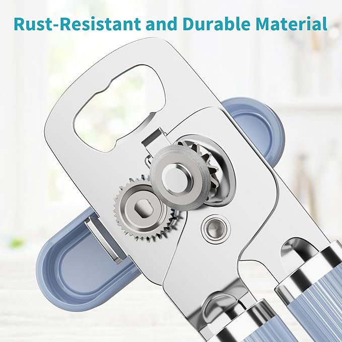 Ultrean Manual Can Opener Bottle Opener, Heavy Duty Stainless Steel Smooth Edge Manual Hand Held Can Opener With Soft Touch Handle, Rust Proof Oversized Handheld Easy Turn Knob (Blue) - Image 3