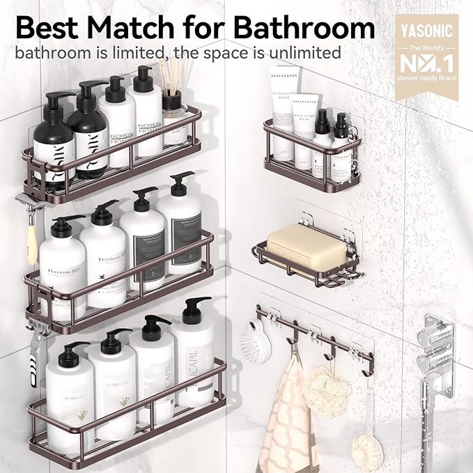 YASONIC Shower Caddy, 6 Pack Large Capacity shower Organizer with Soap Holder and 12 Hooks, Rustproof Shelves for Inside Shower, No Drilling&Sleek Bathroom Organizers and Storage Bronze XL - Image 2