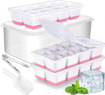 Large Ice Cube Tray with Lid and Bin, Jrisbo Silicone Big Square Ice Cube Molds for Freezer, 3 Pack Stackable Huge Cubed Ice Trays with Ice Tong, Ice Scoop for Whiskey Cocktails Soups Frozen Treats by Jrisbo