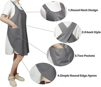 Cotton Cross Back Aprons Solid Color Cooking Kitchen Garden Smock for Women Girls with Pockets