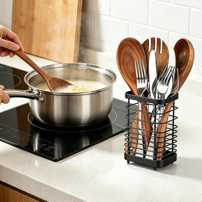 Utensil Holder, Stainless Steel Utensil Drying Rack for Kitchen Counter, Silverware Cutlery Flatware Holder Forks, Knives, Spoons, Chopsticks Organizer (Black) - Image 6