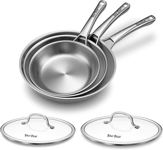 Stainless Steel Pans, Stainless Steel Cookware Set, 8/10/12 Inch with Lid, PFOA & PTFE Free Skillets, Non Toxic Chef's Pan Set, Frying Pans for Cooking, Oven & Dishwasher Safe, Induction Compatible by VocVoi