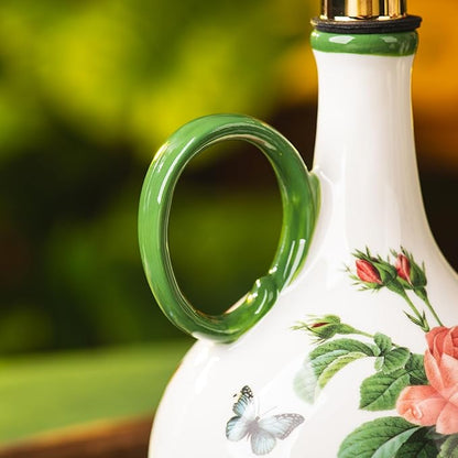 Ceramic Olive Oil Dispenser, 27 oz Floral Pattern Cruet with Auto-Close Spout, 9.45" Tall, Decorative Oil and Vinegar Bottle (pink rose)