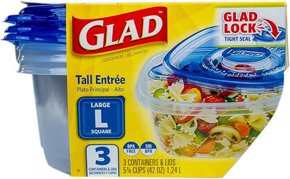Glad GladWare Tall Entree Food Storage Containers with Lids, Large Square BPA Free Plastic for Meal Prep and Lunches, Lock Tight Seal, Microwave and Dishwasher Safe, 42 Oz, 3 Count - 6 Pack - Image 2