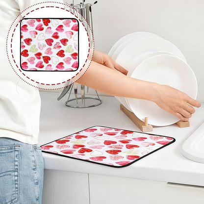 Breling Valentine's Day Dish Drying Mat Valentine Kitchen Dry Mat Absorbent Hearts Table Dishes Pad Red Pink Protect Tableware Kitchen Accessories for Home Decor, 16 x 18.4 Inches