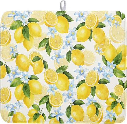 Kawani Lemon Dish Drying Mat 16x18 Inch Absorbent Reversible Spring Summer Drying Mat Floral Lemon Fruits Dish Drying Rack Mat Yellow Summer Themed Dish Drainer Mat for Kitchen Counter Coffee Bar