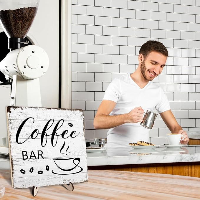 Coffee Bar Decor Sign – Rustic Wooden Plaque for Coffee Station, Farmhouse Cafe Shelf Accessories, Desk or Kitchen Counter Decor,Birthday,Mother Day Gift 5.9 x 5.9 Inch - Image 6
