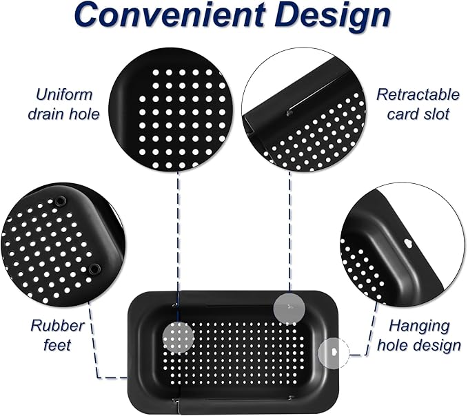 Extendable Sink Colander Strainer Basket - Wash Vegetables and Fruits, Drain Cooked Pasta and Dry Dishes - Adjustable Over the Sink Colander Collapsible Drainer Basket - Black