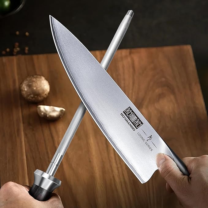 HOSHANHO Honing Rod,10 Inch Professional Kitchen Knife Sharpener Rod, Japanese High Carbon Knife Sharpening Steel with Ergonomic Pakkawood Handle, Ideal for All Chef Knives - Image 5