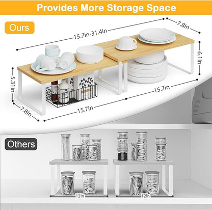 OGEMXU Cabinet Shelf Organizers, 15.7 inches Large Kitchen Counter Shelf, Set of 2 Wood Kitchen Pantry Organizer, Storage Shelves for Countertop, Spice Rack, Stackable, Expandable, Metal White, Nature - Image 2