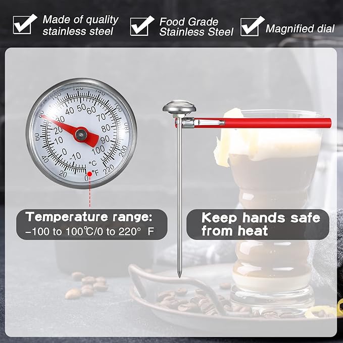 Xuhal 12 Pcs Stainless Steel Kitchen Thermometer with 5 Inch Long Stem 1 Inch Dial Thermometer Milk Frothing Food for Oven Probe Meat Grill BBQ Cooking Chocolate Water (Red) - Image 3