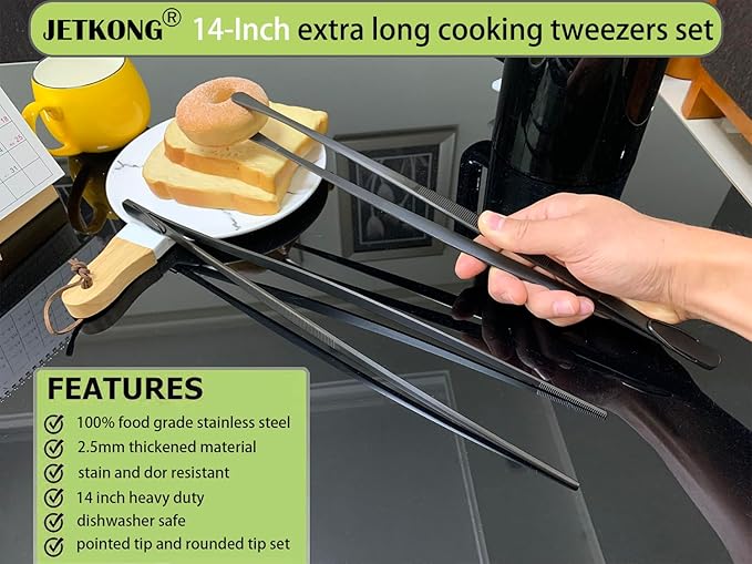 JETKONG 2 Pcs 14-Inch Food Tweezer Tongs Extra Long Stainless Steel Kitchen Tweezer Cooking Tweezers (Black) - Image 3