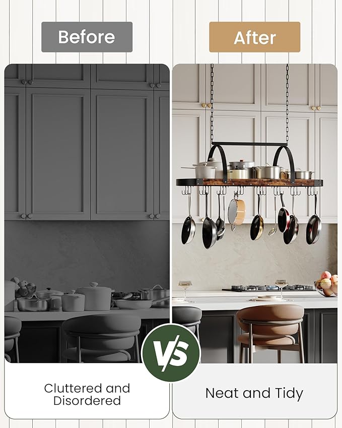 CHOEZON Hanging Pot Rack, Pot Hanger for Kitchen, Ceiling Mounted Pot Holder, Cookware Organizer with 24 S-Shaped Hooks, for Pot, Pan Storage, Space-Saving, Rustic Brown and Black TPR28BF - Image 6