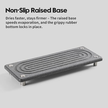Razborci Water Absorbing Stone Sink Caddy Kitchen Sink Organizer Tray, Diatomite Bathroom Counter Tray, Faucet Drying Mat Coaster Soap Dish Rack Riser Dispenser Sponge Holder, Charcoal 10" x 4"
