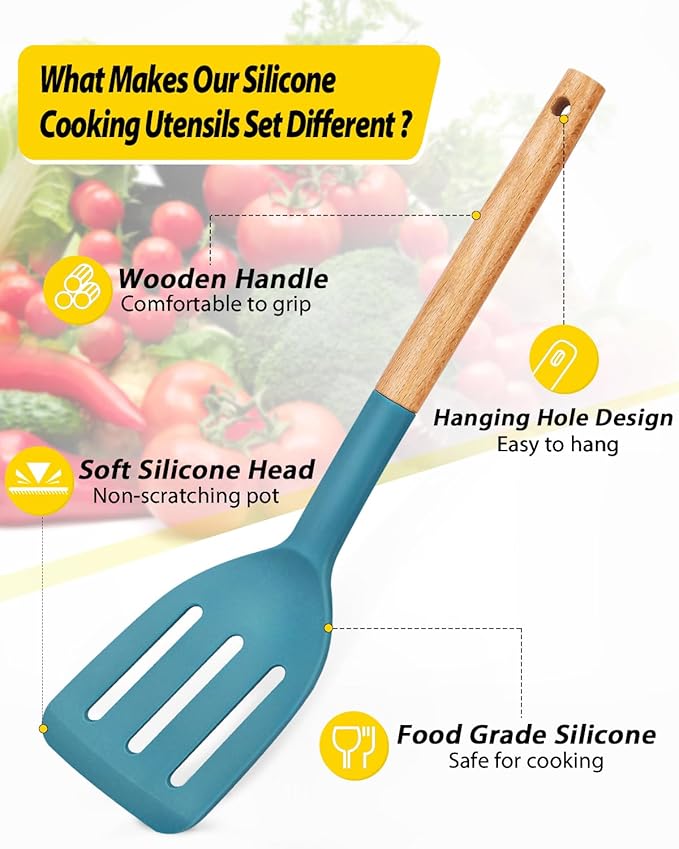 Pack of 4 Silicone Cooking Utensils Set, Non Stick Solid Spatulas and Heat Resistant Slotted Spoons with Wooden Handle, Ideal Wood Kitchen Utensils Set for Frying,Serving,Turning,Stirring (BLUE) - Image 2