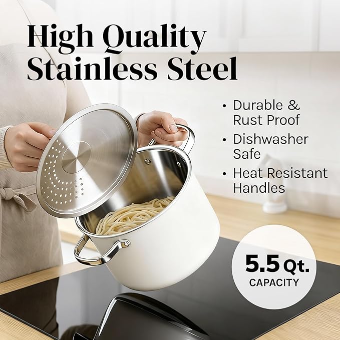Cooler Concepts Pasta Pot with Strainer Lid - 5.5 Quart Large Spaghetti Pot - Twist & Lock for Easy Drain & No Colander Or Strainer Basket Insert Needed - Dishwasher Safe Pots - Image 5