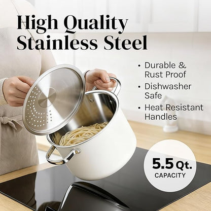 Cooler Concepts Pasta Pot with Strainer Lid - 5.5 Quart Large Spaghetti Pot - Twist & Lock for Easy Drain & No Colander Or Strainer Basket Insert Needed - Dishwasher Safe Pots - Image 5