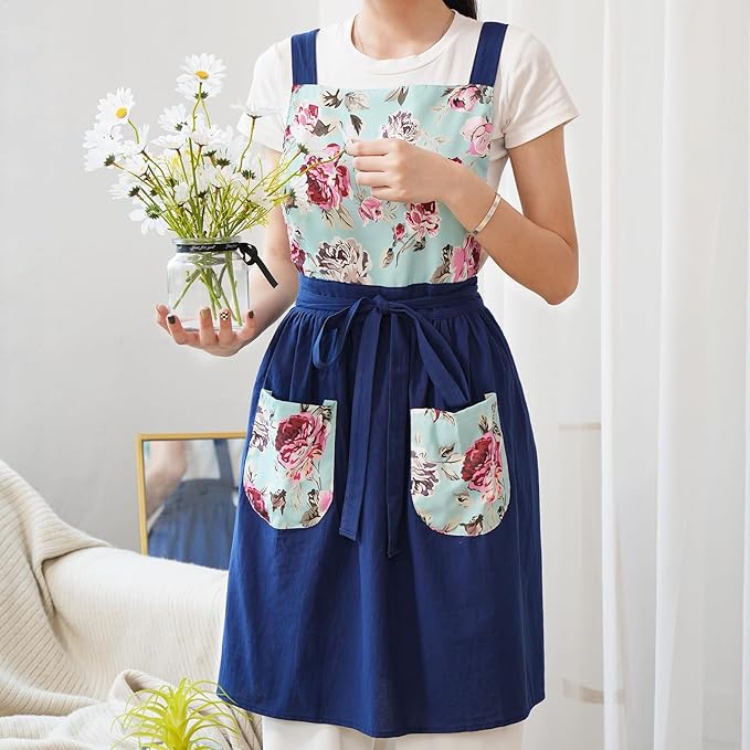 Pinknoke Vintage Pinafore Apron Dress for Women with Pockets Cute Floral Chef Aprons for Kitchen Cooking Baking Gardening - Image 2