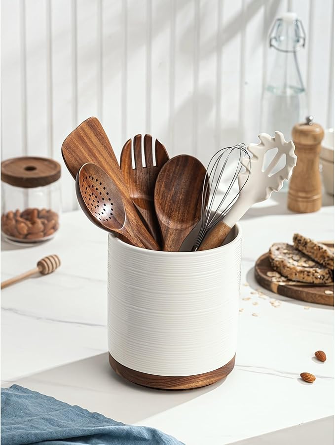 Utensil Holder, 360° Rotating Extra Large Ceramic Kitchen Utensil Holder for Countertop, 7.3“ Cooking Utensil Crocks for Kitchen Counter with Rotatable Wooden Base, Farmhouse Decor, White - Image 3