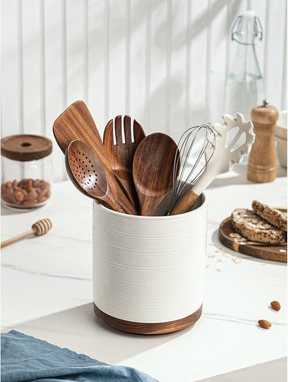 Utensil Holder, 360° Rotating Extra Large Ceramic Kitchen Utensil Holder for Countertop, 7.3“ Cooking Utensil Crocks for Kitchen Counter with Rotatable Wooden Base, Farmhouse Decor, White - Image 3